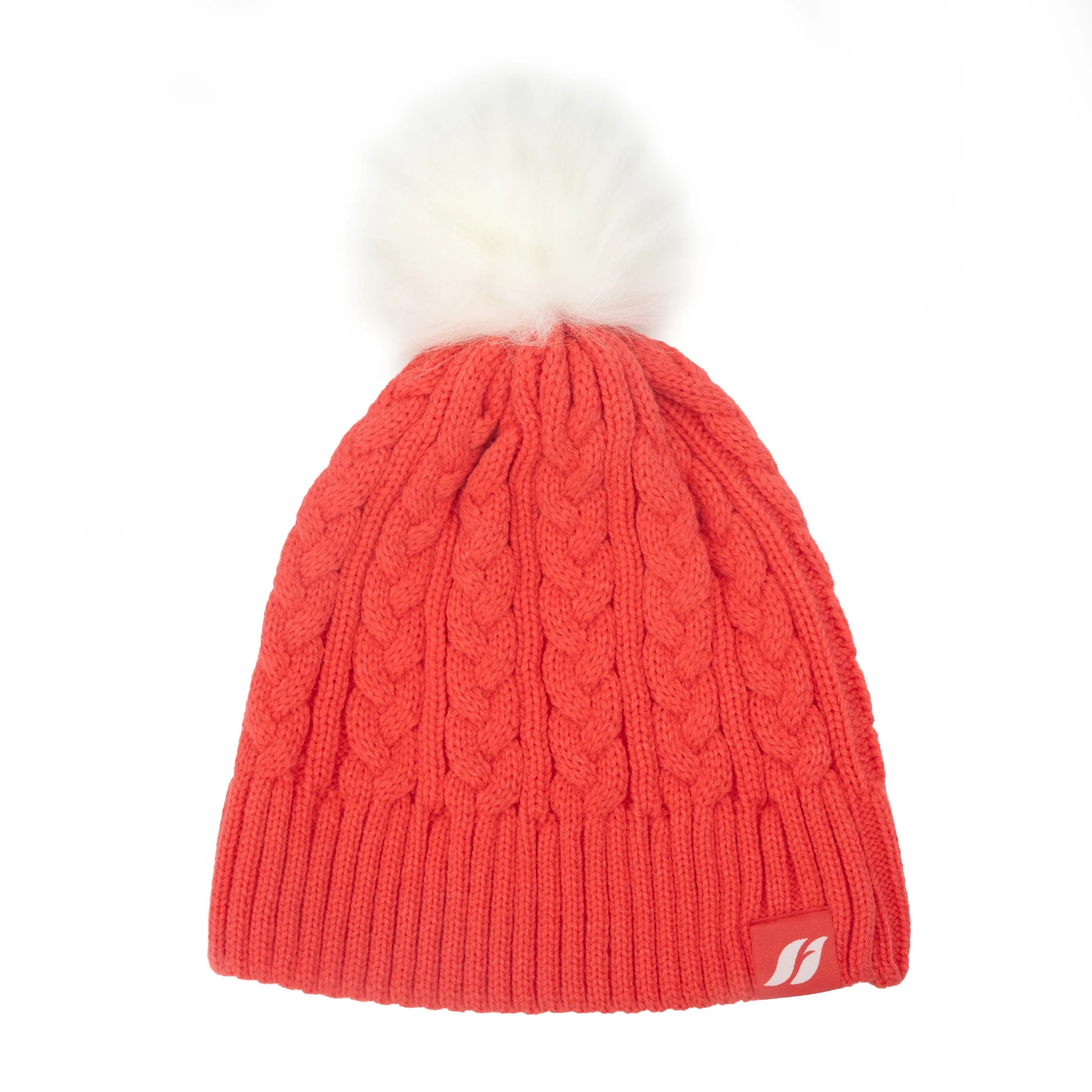 image of Cable Knit Beanie w/Fur Pom - Coral